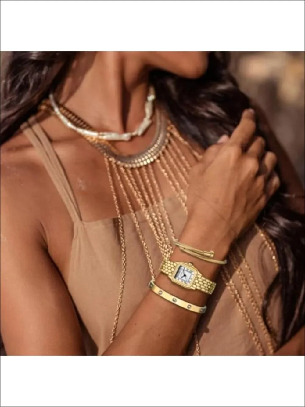 Gold Bangle Watch and Bracelet Set with Adjustable Links